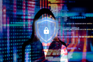 Abstract representation of security shows some data with a lock symbol over the face of a woman.